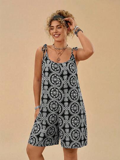 Travachic Plus Size Casual Vacation Floral Retro Print Red Tie-Up Loose Strap Dress For Women