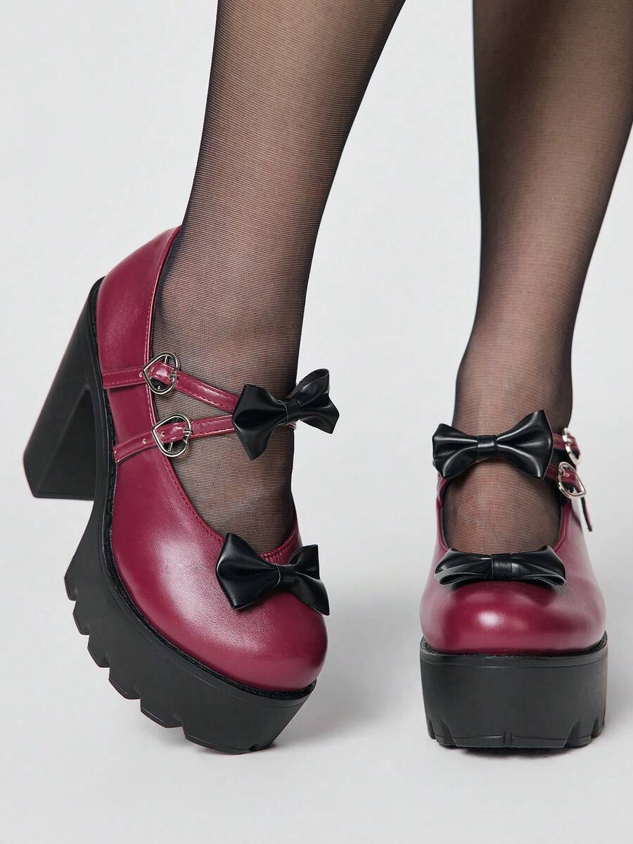 ROMWE Goth 女士高跟鞋 暗黑摇滚朋克哥特风 闭趾 Y2K 派对礼服鞋 粗跟蝴蝶结甜美玛丽珍鞋 小号皮鞋 低跟通勤工作鞋 - 酒紅啞光 - 查看 1