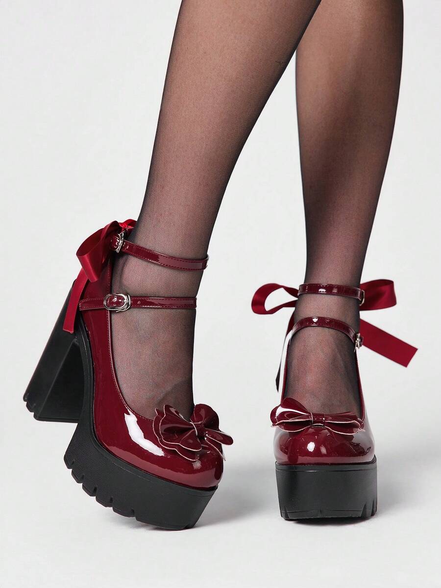 ROMWE Kawaii Women's Sexy Platform Mary Jane Shoes With Lace Bow Embellishment At The Back; Stylish Double-Strap Adjustable Back Strap With Buckle For Spring And Autumn; Perfect For Parties, Outings, And Dates. Y2K 2000s Style - Burgundy - View 1