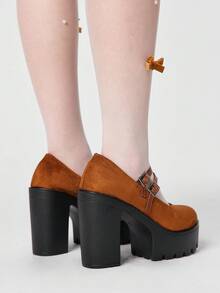 ROMWE Fairycore Women Pumps - Brown cloth surface + double bag. - View 5