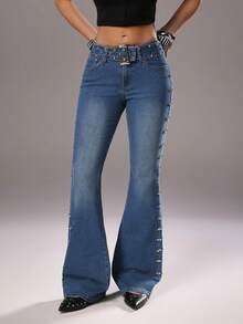 TRNVIE Retro Casual Rivet Decor Low Waist Flare Leg Jeans - Medium Wash - View 3