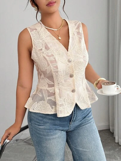 Elenzga Plus Size Women's Elegant Jacquard Pleated A-Line Fitted Casual Jacket, Suitable For Spring/Summer Outings, Commuting And Dates