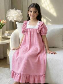 SHEIN 少女宽松休闲方领泡泡袖撞色刺绣花卉饰边家居服 - 藕粉色 - 查看 1