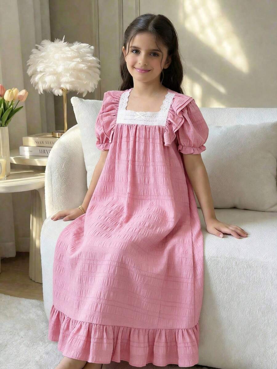 SHEIN 少女宽松休闲方领泡泡袖撞色刺绣花卉饰边家居服 - 藕粉色 - 查看 1