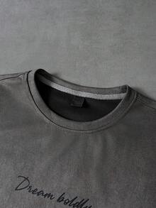 PAVTROS Men Casual Letter Printed Vintage Short Sleeve T-Shirt, Boyfriend Gift, For Going Out, Fall Fleece - Grey - View 6