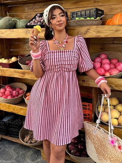 Breezaya Fuchsia Striped Square Neck Bishop Sleeve A-Line Mini Dress - Plus-Size Women's Elegant Fashion Dress For Office, Daily Wear, Vacation & Casual Outings In Spring & Summer