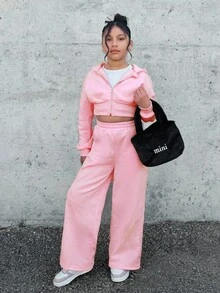 SHEIN Tween Girl Nova Glow Tween Girl 时尚舒适派对和街头服饰纯色针织连帽运动衫宽松套装 - 粉色 - 查看 2