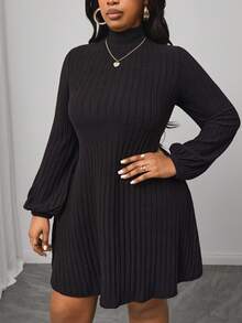 Truni Plus Size Solid Color Stand Collar Long Sleeve Minimalist Short Casual Dress, For Pear Triangle Body Shape - Black - View 5