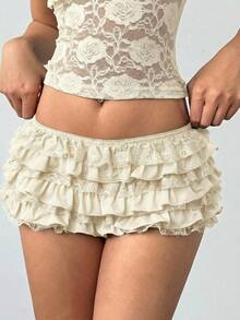 Aloruh Women's New Sexy Lace Solid Black Ruffle Hem Low Waist Shorts Hotpants Ruffled Shorts White Ruffle Shorts Ruffled Skirt Frilly Skirt Bloomers Ruffle Shorts - Beige - View 6