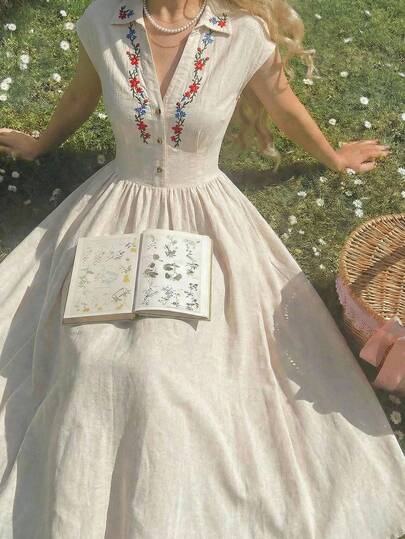 SHEIN MOD 复古刺绣无袖纽扣衬衫裙