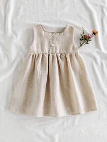 Vintaside Kids Baby Girl Summer Sleeveless Square Collar Design, Fashion Elegant Sweet Princess Style, Using Woven Fabric, Version Loose, Collar Dog Floss To Add A Sense Of Sophistication. The Flower And Butterfly Embroidery Pattern On The Chest And Pocket Is Full Of Childlike Interest. Suitable For Holidays, Taking Photos, Attending Weddings, Going To School, Attending Parties - Apricot - View 2