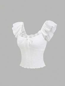 Sweetra Women's Textured White Bow Tie Splice Lace Trim Square Neck Sweet Cute Vacation Style T-Shirt - White - View 1