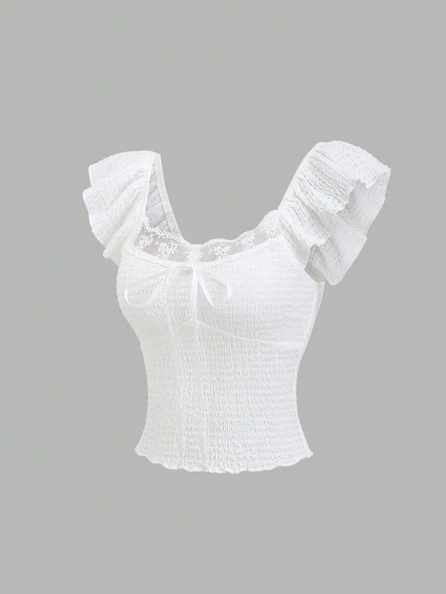 Sweetra Women's Textured White Bow Tie Splice Lace Trim Square Neck Sweet Cute Vacation Style T-Shirt - White - View 1