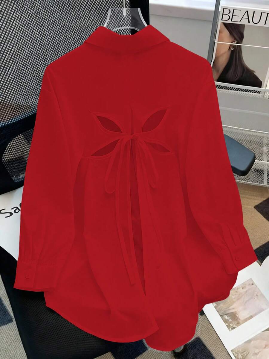 GlowEve CURVE Plus Size Women's Solid Color Long Sleeve Casual Loose Shirt With Hollow Back Tie Design - Red - View 1