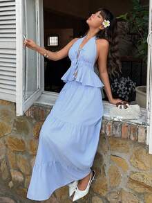 MainGRL 浅蓝色条纹露背吊带短款上衣搭配层叠长裙，完美适用于海滩度假、度假村晚宴、新娘送礼会、花园派对和夏季婚礼。2026春夏甜美度假套装，女士两件套长裙吊带上衣和长裙套装，夏季裙装套装，长裙两件套，蓝色度假连衣裙，女士蓝色吊带连衣裙，粉蓝色连衣裙，女士浅蓝色长裙，浅蓝色夏季连衣裙 - 藍色 - 查看 5