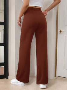 SHEIN PETITE CURVE 大码女式休闲优雅重叠腰部直筒裤 - 紅木色 - 查看 2