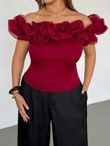 Auralis Plus Size Women's Solid Color Ruffle Off-Shoulder Fitted Fashionable T-Shirt Red Off Shoulder Top Burgundy Top Wine Red Top Dark Red Top Rose Top Elegant Ceremony T-Shirt For Women Spring/Summer Elegant T-Shirt For Women - Red - View 3