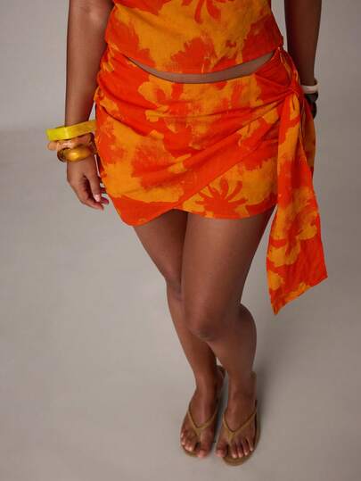 SHEIN BAE Women's Casual Vacation Woven Printed Low Waist Zipper Tie Skirt (With Shorts Lining), Suitable For Beach Vacation, Sisters' Gathering, Music Festival, Orange Printed Skirt, Vacation Skirt