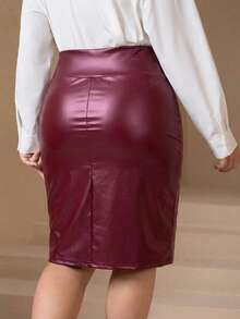 Chikora Plus Size Women PU Leather & Lace Casual Versatile Date Night Skirt - Burgundy - View 2