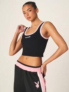 Missguided x Playboy Kontrastfarbige Bindung, quadratischer Ausschnitt, Träger-Top, geripptes ärmelloses Tanktop, Sommer Basis Layering Essentiell, Lässig Fitted Crop Stil - Schwarz - Übersicht 3