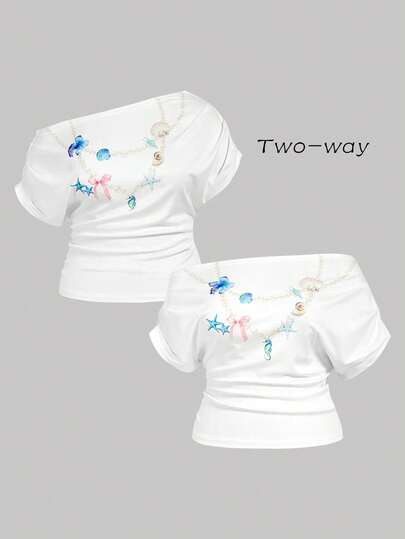 SHEIN MOD Plus Size Summer Casual Necklace Print Ruched Shoulder Short Sleeve T-Shirt,White Cotton Blend Asymmetrical Shoulder Short Sleeve Top Slim Fit Stretch Fabric Coastal Style Summer Spring Beach Seaside Vacation Casual Daily Wear Shell Starfish Print Soft Lightweight Shirt