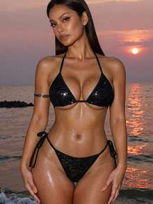 Swim SXY Sexy Sequin Fringed Triangle Cup Swimsuit, Summer - Black - View 3