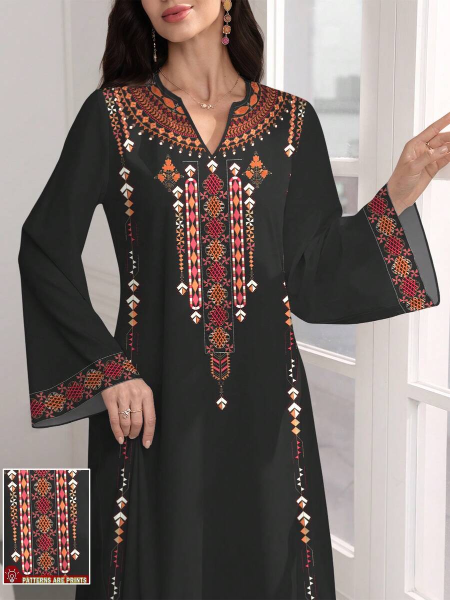 SHEIN Najma Geometric Pattern Digital Print V-Neck Flared Hem Long Sleeve Dress, Elegant Arabic Style Maxi Dress For Spring & Autumn - Multicolor - View 1