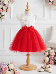 女童甜美公主风红白撞色荷叶袖连衣裙，饰有3D立体花朵和珍珠，配蝴蝶结腰带和薄纱，适合生日派对、聚会、日常穿着，春夏皆宜。 - 紅色 - 查看 8