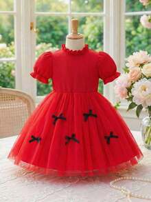 Youth Girls Red Puff Sleeve Short Dress With Stand Collar Zipper And Halloween Pattern - Red - View 3