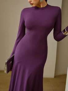 ZEYLAH 85% Cotton Turtleneck Long Sleeve Fitted Dress, Spring - Purple - View 2