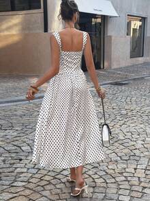 Lucivie 女士优雅浪漫复古甜心领口束腰喇叭裙摆波点无袖连衣裙 - 白色 - 查看 2