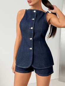 EURMUSE Smart Casual Woman Denim Set Dark Wash High Rise Short And Vest Two Pieces - Dark Wash - View 3