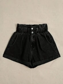 Breezaya Quần short denim dáng mùa hè, cạp chun, túi xéo. - màu đen - Xem 3