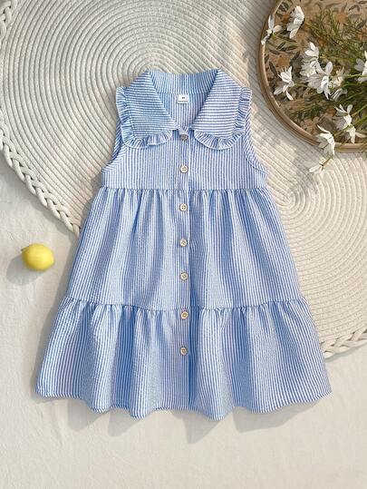 Playful Pals Đầm chữ A không tay cổ Peter Pan màu xanh dương thanh lịch, ngọt ngào dành cho bé gái, phối họa tiết sọc trắng xanh, thích hợp cho các buổi đi chơi mùa xuân/hè, chụp ảnh, mặc hàng ngày và đi học.