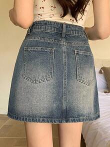 DAZY Chân váy denim nữ đa năng, thoải mái, phù hợp đi làm hàng ngày, có túi. - Màu xanh lam - Xem 3
