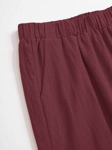 Rusticease 大码女式纯色圆领背心和短裤休闲宽松两件套 - 酒紅色 - 查看 7