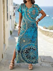 EMERY ROSE Women's Vintage Floral Print V-Neck Batwing Sleeve Casual Summer Dress Maxi Women Dresses Long Dress - Multicolor - View 4