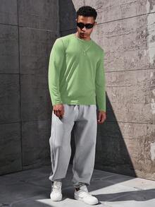 Manfinity Homme Men's Casual Solid Color Round Neck Long Sleeve T-Shirt, Versatile For Autumn - Green - View 6
