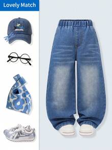 Pantalones vaqueros de pierna ancha de estilo coreano de moda versátil para niñas, cintura alta con bordado de corazón, cómodo algodón premium, uso diario básico para la escuela y vacaciones, pantalones vaqueros de pierna ancha para niñas con corazones y mariposas, pantalones vaqueros de campana, pantalones holgados para niñas - Azul lavado medio - Ver 5