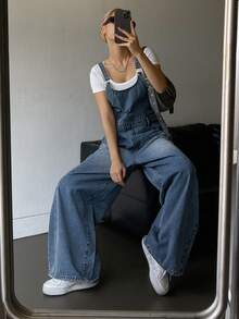 Livesso Women's Pocket Design Loose Casual Denim Jumpsuit - Dark Wash - View 9