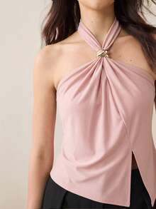 BizChic Áo hai dây nữ mùa Xuân/Hè mới, cổ buộc nơ, trang trí kim loại, vạt xẻ bất đối xứng, đa năng cho công sở, trang trọng, thường ngày, lãng mạn, phong cách Y2K, retro thập niên 90, tiệc tùng, đám cưới, mặc hàng ngày. - Hồng - Xem 3