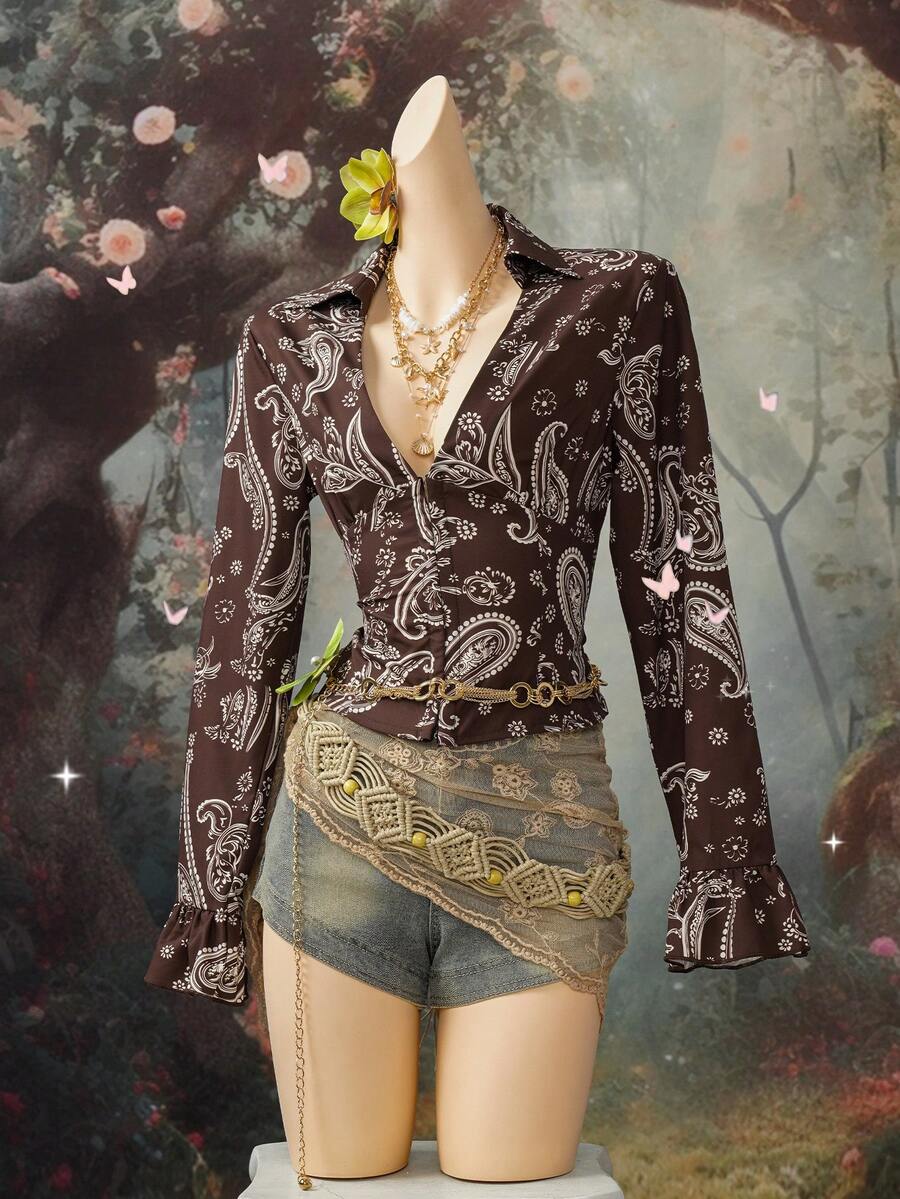 EgrlEra 女士时尚深V佩斯利印花衬衫 - 彩色 - 查看 1