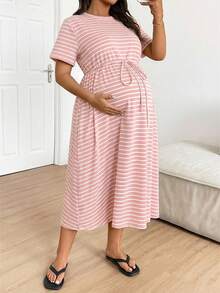 Plussiva 大码孕妇条纹圆领系腰休闲度假日常连衣裙 - 粉色 - 查看 9