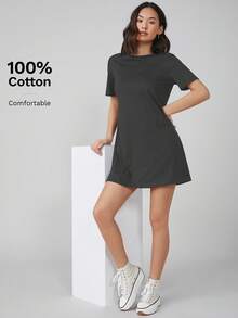 SHEIN BASICS Casual Solid Color Short Sleeve Dress, Summer Basic Tees Women, T Shirt Dress Summer Dresses - Dark Grey - View 10