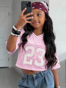 少女时尚街头风V领粉色网纱字母数字印花宽松露脐上衣/运动T恤，春夏款 - 粉色 - 查看 1