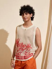 Felipe Marques Chaleco holgado de punto con estampado floral y color contrastante para hombre, casual para otoño, invierno, primavera, vacaciones, fiesta en la playa, resort de isla - Albaricoque - Ver 4