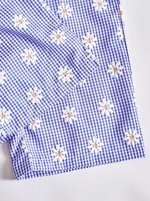 SHEIN Elladie kids Bộ đồ mùa hè giản dị, dễ thương và ngọt ngào cho bé gái, áo hai dây in họa tiết hoa cúc kẻ caro xanh và quần ống rộng, trang phục thoải mái và tươi mát cho những chuyến đi chơi mùa hè. - Màu xanh lam - Xem 6