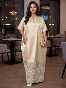 SHEIN Autumn And Winter Elegant Modest Gold Dress V Neck Plus Size Solid Color & Printed Patchwork Short Sleeve Dress Long Summer Dress For Women Yellow New Year's Dress Plus Size Dress Women Church Dress Christmas Dress Elegant Dresses For Women Wedding Party Dress Abayas Dubai Luxury Zeylah Dress Najma Dress Modest Sets For Women Sparkly Dress Floral Dress Sparkly Dress - Apricot - View 7