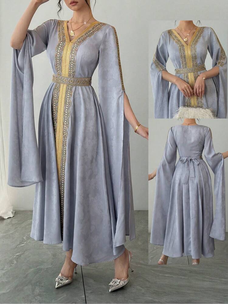 Women's V-Neck Color Block Lace Patchwork Waist Flare Elegant Dress Sundress
