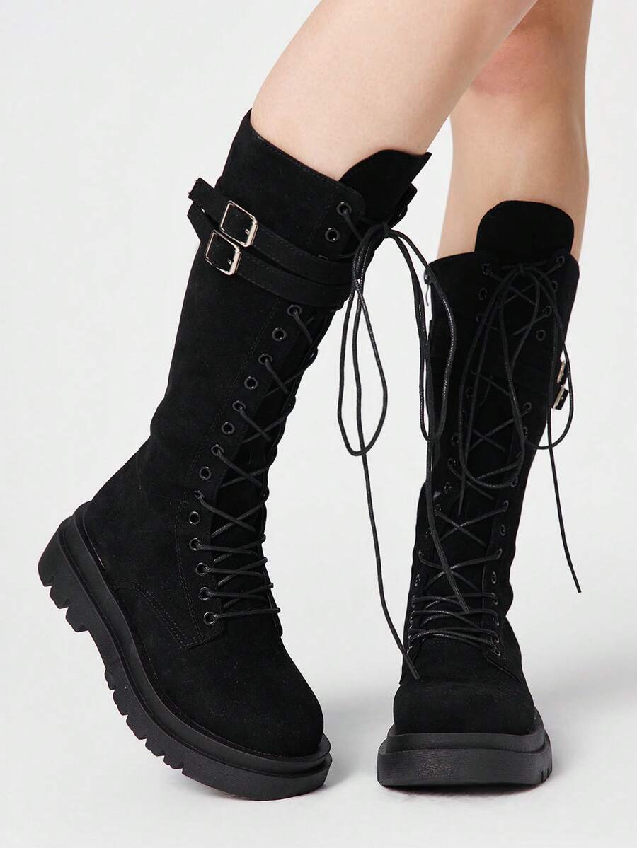 ROMWE Goth 女士搭扣系带黑色中筒靴 情人节 - 黑色布面 - 查看 1